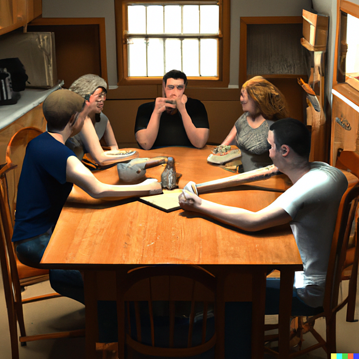 DALL E 2023 01 30 16 02 36 Produce a photo realistic image of a group of six people meeting around a kitchen table